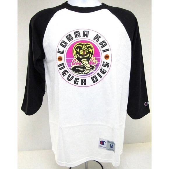 Mens CHAMPION AUTHENTIC COBRA KAI Raglan White Black Sleeve T-Shirt Small-XL NEW - Picture 1 of 4